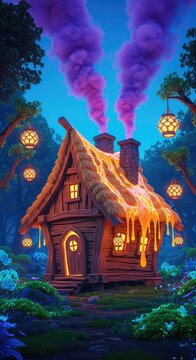 A crooked wooden cottage with a melting thatched roof sits in a glowing forest, featuring glowing lanterns and swirling purple smoke chimneys, whimsical, dark, roots