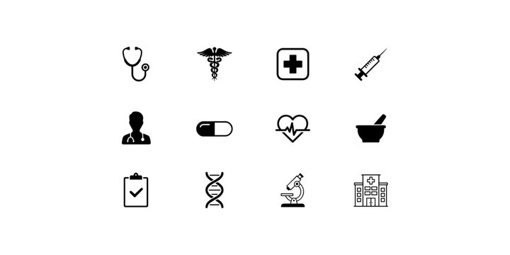 A set of 12 black and white minimalist doktor icon designs