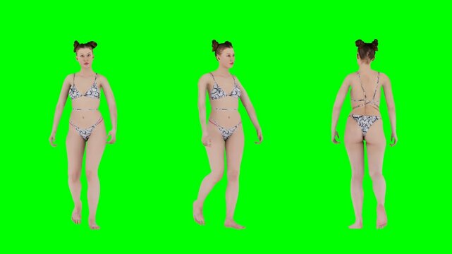 3D Render Female Model in Bikini on Green Screen with Multiple Angles