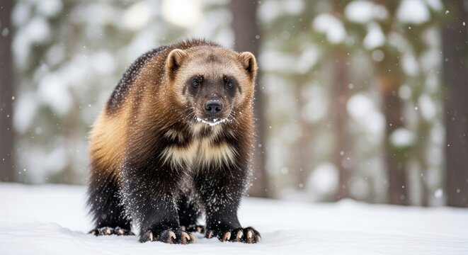 Wolverine in Winter: A close-up of a wild wolverine standing in the snowy forest, showing its brown fur, snow covered paws, and determined gaze, during a snowfall.