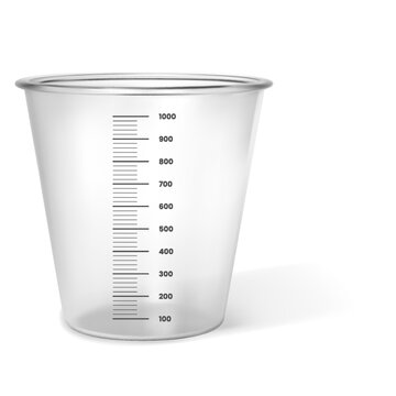 Realistic transparent measuring cup 1 liter or 1000 ml, 3D vector glass empty pitcher with milliliter scale, beaker