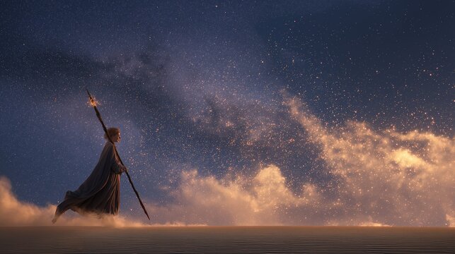 A cloaked figure stands on sand dunes at night, holding a staff emitting sparks against a starry sky and glowing clouds.