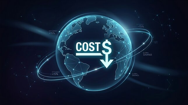 Digital globe representation with glowing blue network lines and cost reduction arrow symbol for global business finance and economic analysis