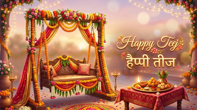 Beautifully decorated traditional swing for teej festival celebration