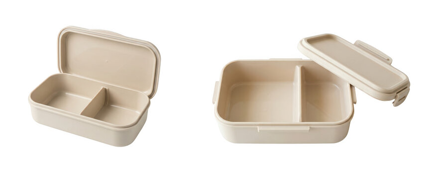 Beige plastic lunch box with a divider isolated on transparent background