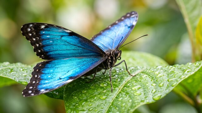 Close-up of a blue morpho butterfly resting on a green leaf with morning dew drops macro photography butterfly wildlife pollinator