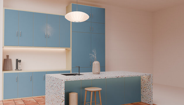 Modern Pastel Kitchen Interior Featuring Contemporary Cabinet Design Terrazzo Countertop Soft Color Palette Functional Layout And Elegant Residential Living Space