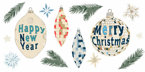 Vintage christmas ornaments with festive greetings watercolor illustration © Achinta