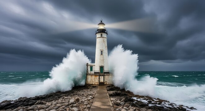 A majestic white lighthouse stands atop a jagged rocky island, braving massive crashing waves and dark swirling clouds during a fierce storm, coastline, island, foam