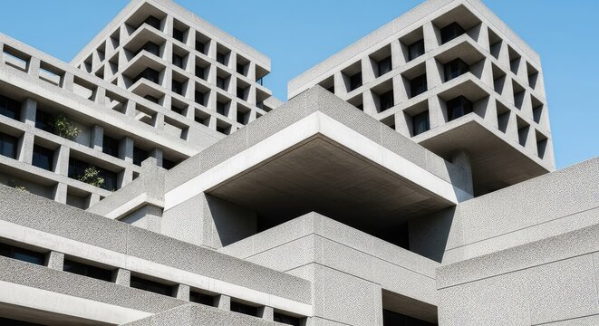 Geometric concrete structures showcase functional mid-century modern design with sharp angles and repetitive patterns against a bright sky, building, gray, steel