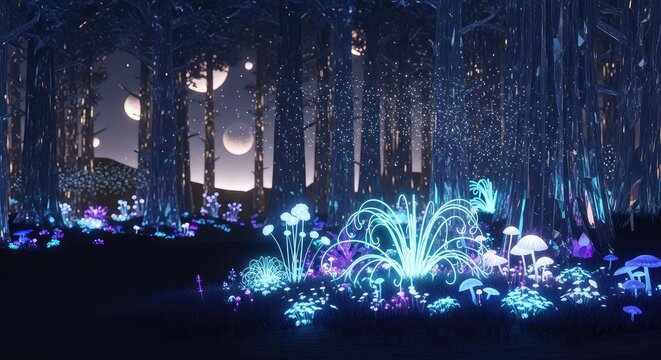 Luminous extraterrestrial flora glows within a dense alien woodland featuring crystalline trees and floating spores under distant moons, twilight, neon, organic