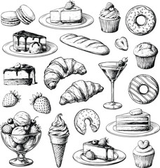 Bakery dessert and sweet food vector illustration set with hand drawn vintage engraving style sketches for cafe menu and pastry design. © SNOW EVA