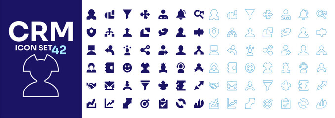 Obraz premium Flat and outline CRM business icon set for customer relationship management vector collection.