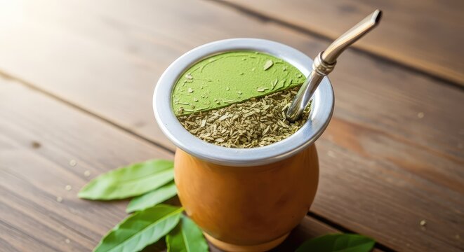 A natural yerba mate gourd with a metal bombilla sits on a rustic wooden table, surrounded by loose green leaves and warm afternoon light, refreshment, preparation, plant