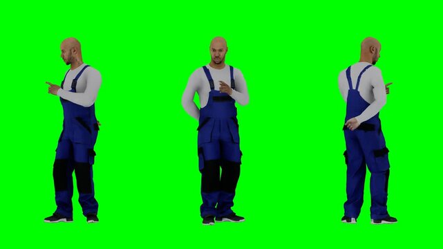 3D Render of Worker in Overalls on Green Screen with Multi-angle Views