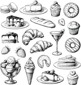 Bakery dessert and sweet food vector illustration set with hand drawn vintage engraving style sketches for cafe menu and pastry design.
