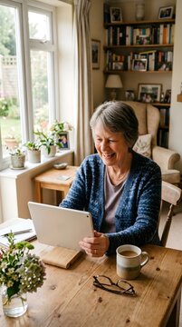 Happy older woman looking at tablet computer screen at home with technology lifestyle internet connected communication browsing