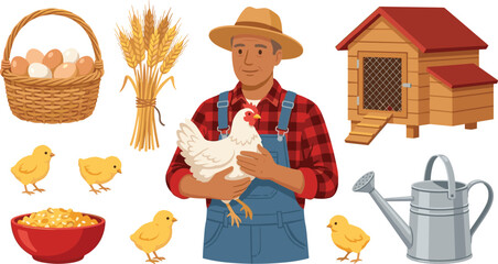 Farm Poultry and Chicken Farming Vector Character Set Featuring Farmer, Hen House, Eggs Basket, Baby Chicks and Agricultural Livestock Collection © MdSumon