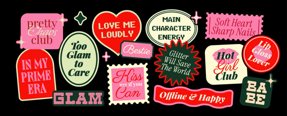 Obraz premium Vector set of girly Y2K stickers with bold typography, glam phrases, hearts, labels and retro badges. Trendy design elements for planner, scrapbook, social media and fashion projects