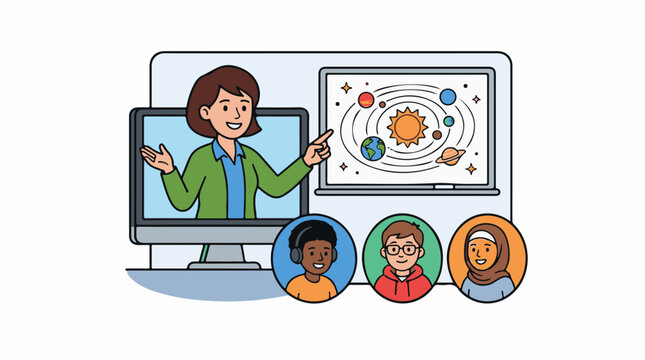 A cartoon woman presents a solar system diagram on a computer to three diverse students
