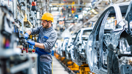 Worker assembling car body on an automotive production line