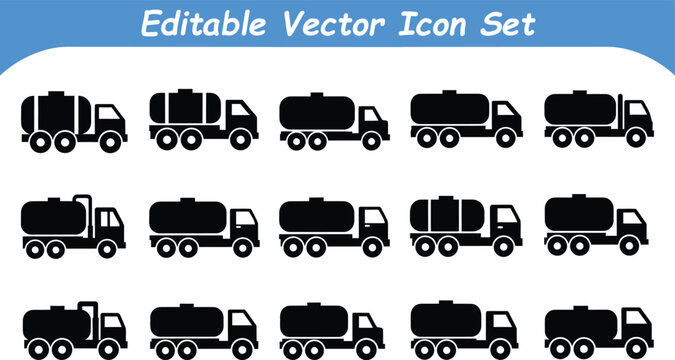 Collection of black silhouette tanker trailer truck icons for chemical transport with transport