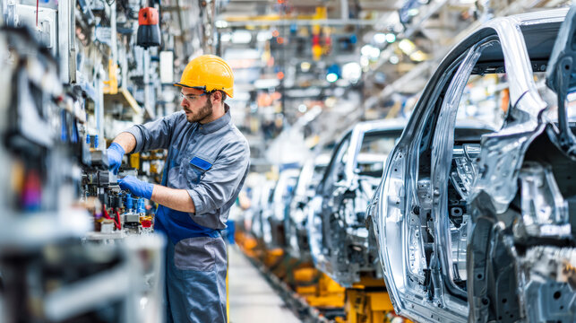 Worker assembling car body on an automotive production line