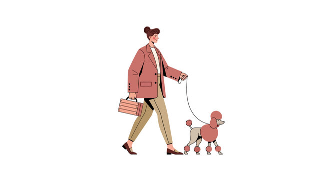 Woman walking a poodle on a leash with shopping bag.