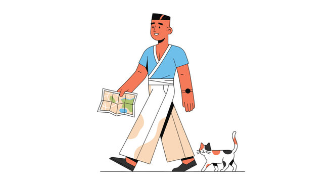 Man walking with map and cat illustration.