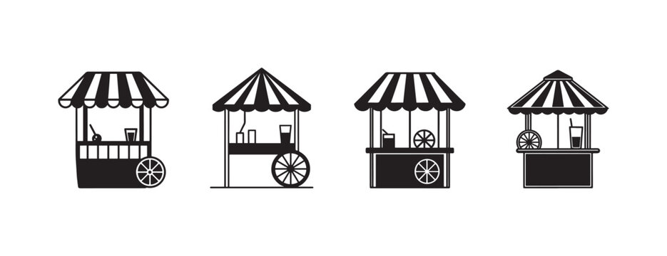Food carts with striped awnings and wheels on white background  various vendor stand designs