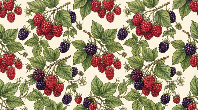 Seamless vintage botanical pattern with ripe raspberries and green leaves on cream background.