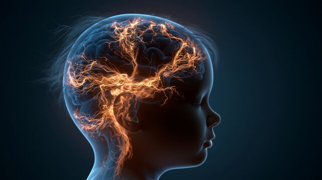 A child's developing brain glows with branching circuits inside a translucent head silhouette, dark studio background, thoughtful and hopeful mood, gentle blue and amber light, close-up composition.