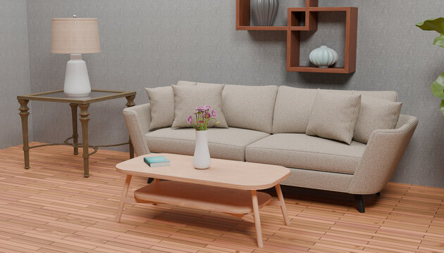 Cozy Living Room Retreat: A modern and inviting living room setup featuring a comfortable beige sofa, a sleek wooden coffee table, and a stylish side table with a lamp.