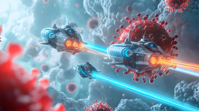 Futuristic microscopic nanobots attacking a virus cell in a human body, 3d render of medical nanotechnology fighting infection