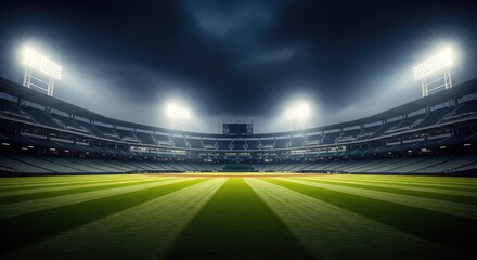Fototapeta premium A wide angle view of an empty baseball stadium at night, brilliantly lit by floodlights with a dark, moody sky and faint smoke drifting, ballpark, wide angle, baseball