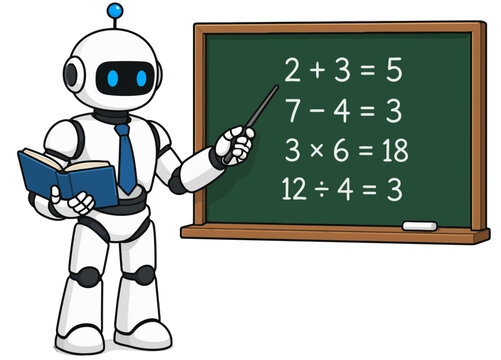 Robot Teacher Explains Simple Math Equations on a Blackboard
