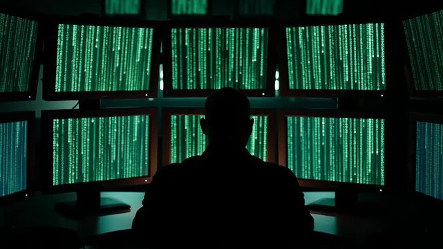 Silhouette of a person sitting at desk surrounded by multiple computer monitors displaying green digital data streams in dark room