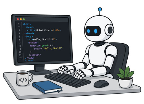 Robot Coder Typing Code on Computer with Hello World Program