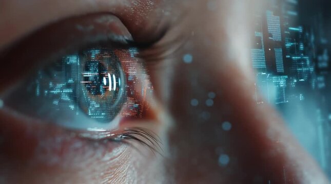 Extreme close up of a human eye reflecting digital data and futuristic interfaces, artificial intelligence, technology and cyber vision concept