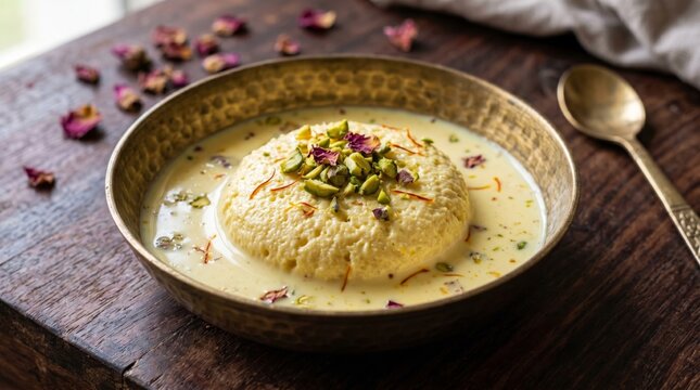 traditional indian rasmalai dessert soaked in saffron milk and garnished with pistachios and rose petals