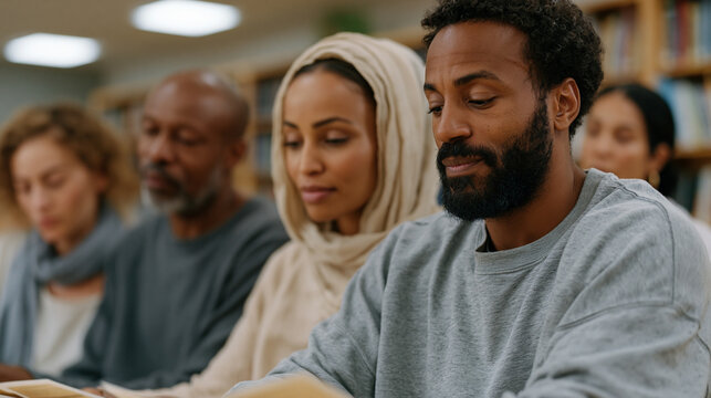 Naturalization exam study group of five adults from different countries share flashcards in a library meeting room, evening fluorescent light, civic knowledge being memorized,