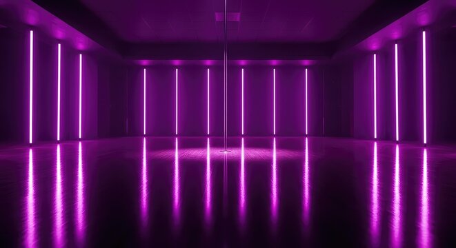 Empty nightclub stage illuminated by moody purple neon lighting with a central metallic pole and reflective dark floor in a dim room, metallic, empty, music