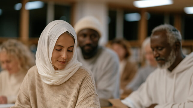 Naturalization exam study group of five adults from different countries share flashcards in a library meeting room, evening fluorescent light, civic knowledge being memorized,