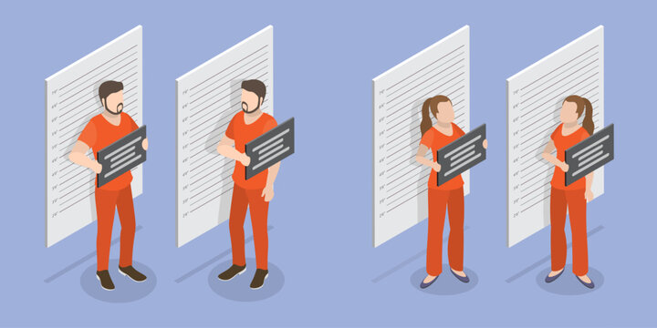 3D Isometric Flat Vector Illustration of Criminal Mugshot, Man and Woman Robbery Suspects