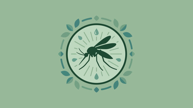 Minimalist Mosquito Emblem with Leaf and Water Elements on Green Background