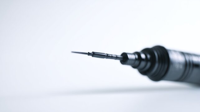 Close up of a black precision tool against a white background