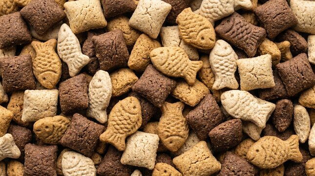 Assorted crunchy pet food kibble featuring fish shaped treats and square brown biscuits filling the frame in a top down view for a textured background shot representing healthy animal nutrition