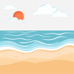 Obraz premium Cartoon Beach Scene with Sun and Clouds