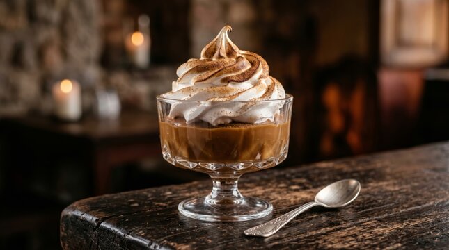 traditional peruvian suspiro de limena dessert with dulce de leche and meringue in a glass bowl