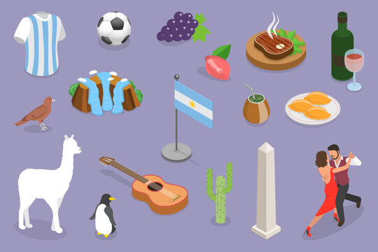 3D Isometric Flat Vector Illustration of Argentina, National Culture Elements, And Famous Landmarks Set